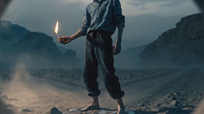 a figure alone in a desert at dusk holding a single lit match — a frame from the nixm cinematic studio